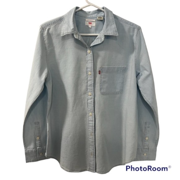LEVIS Boyfriend Fit Blue Coconut Tree Embroidered Back Button Down LS Shirt Sz S - Picture 1 of 9